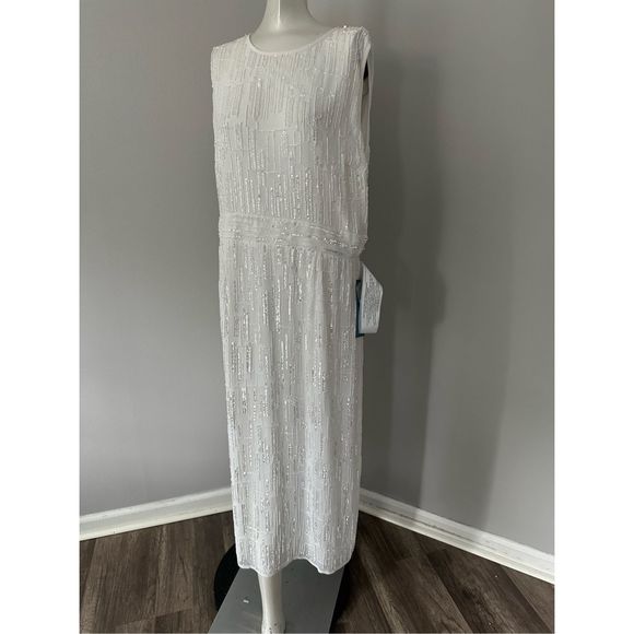 MAC DUGGAL ABSTRACT BEADED SLEEVELESS MIDI DRESS - Picture 5 of 10